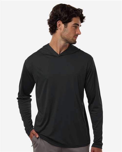 Model wearing a hooded polyester performance shirt