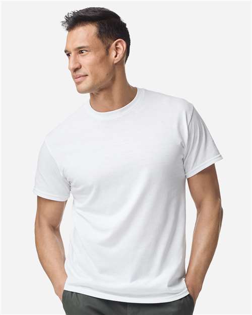 Model wearing a cotton-poly work T-shirt
